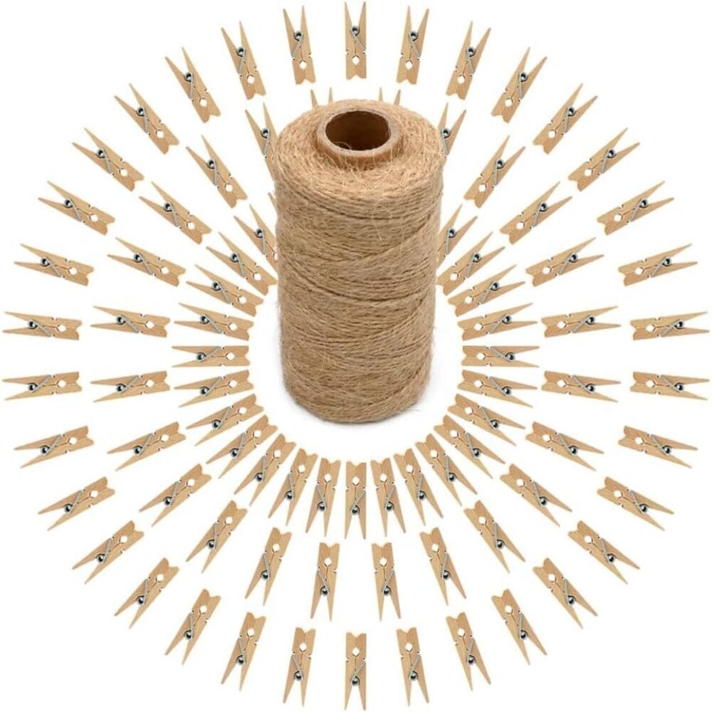 100Pcs Clothespins with String, 1.4Inch Wooden Clothes Pins with 328Ft Jute Twin